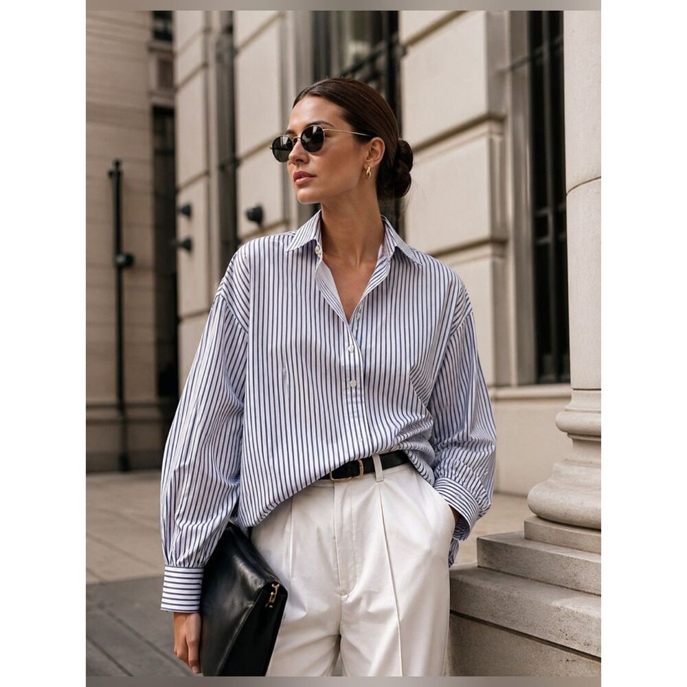 Ann Mashburn Mandarin Paulina Size XS Button Up Blue Striped Shirt Poplin